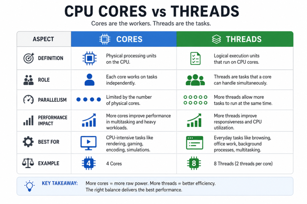 Difference between CPU cores and threads explained with simple comparison chart