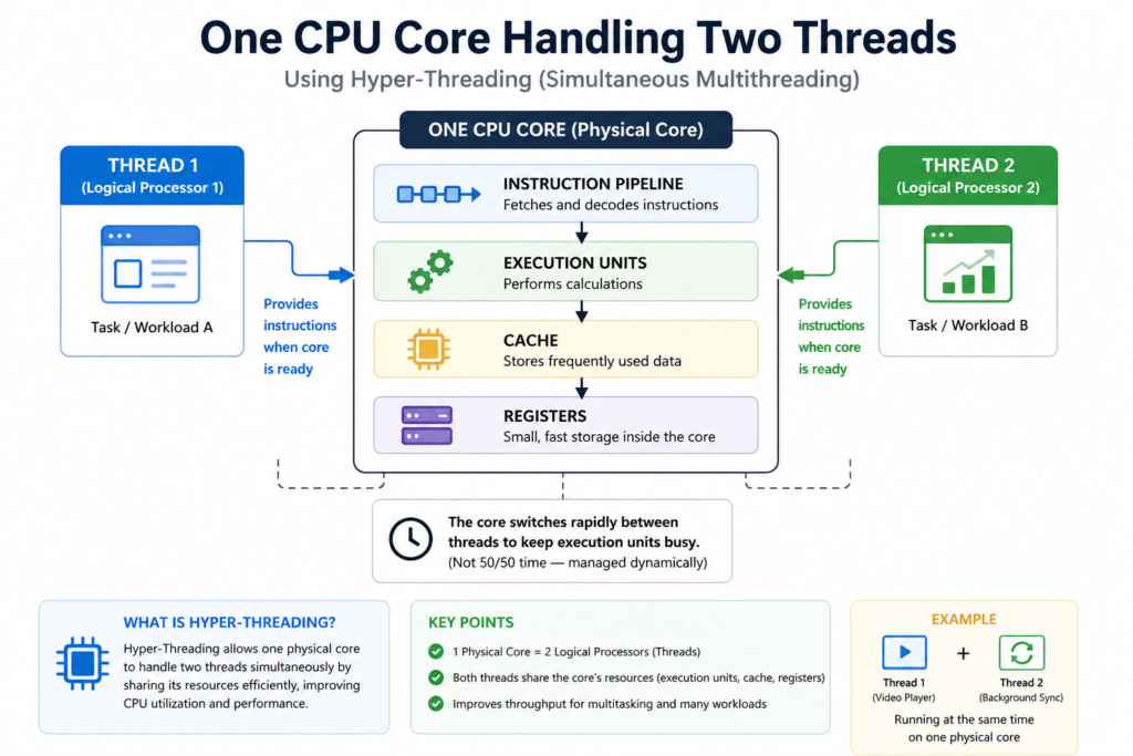 Hyper-threading technology diagram showing one CPU core running two threads