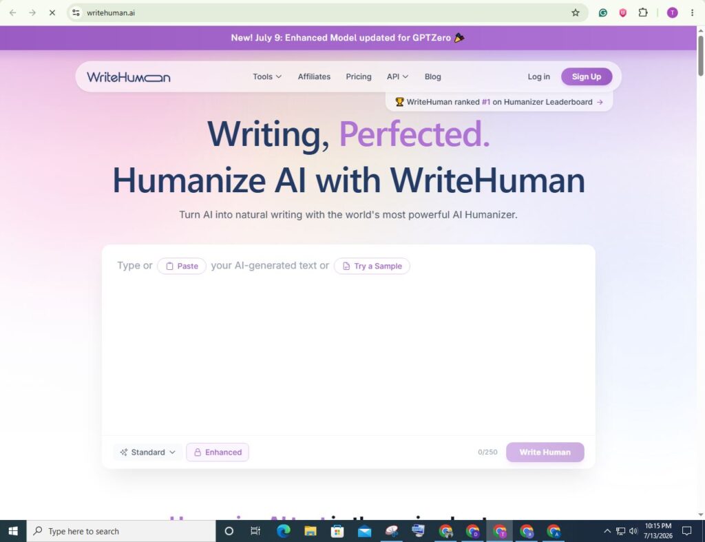 WriteHuman AI humanizer interface with AI text input, rewrite workspace, enhanced mode, and humanized content generator.