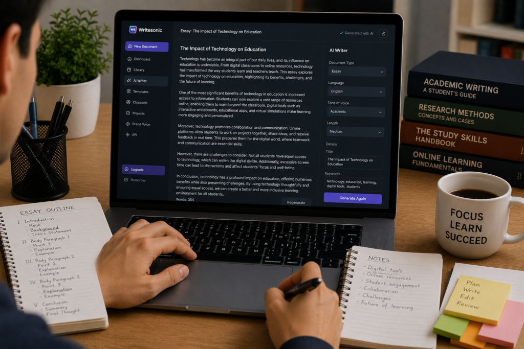 Writesonic AI essay writer creating essays quickly with AI content generation and writing assistance for students